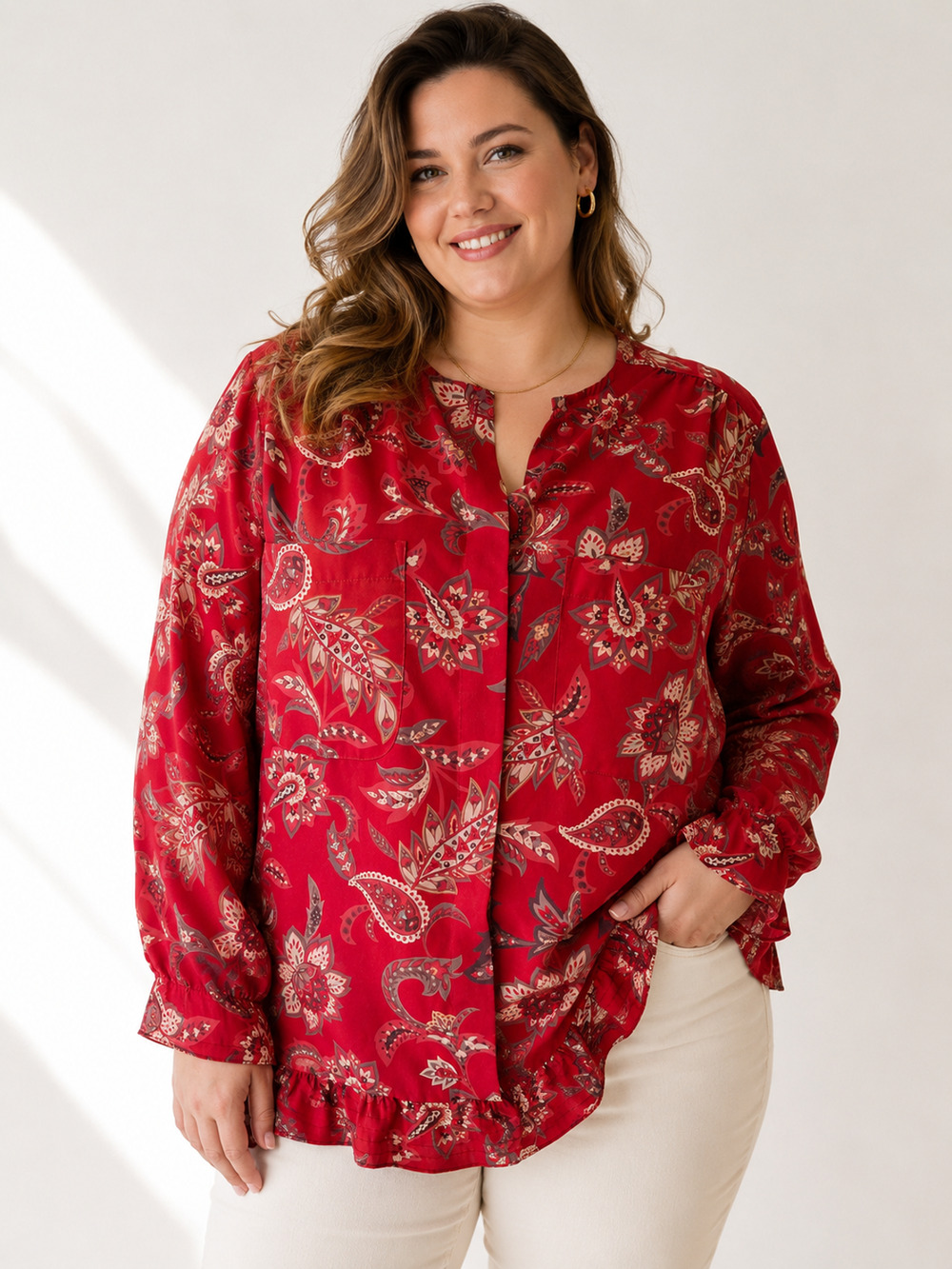 Alfred Dunner Women 16W Red Paisley Floral Blouse Long Sleeve Ruffle Hem